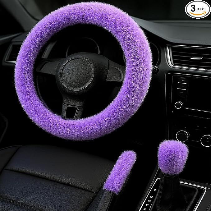Fluffy Steering Wheel Cover 3PCS Set – Plush Fuzzy Fur Steering Wheel Cover with Gear Shift Cover & Handbrake Cover, Winter Warm Car Accessories, Car Interior Accessories for Women (Purple)