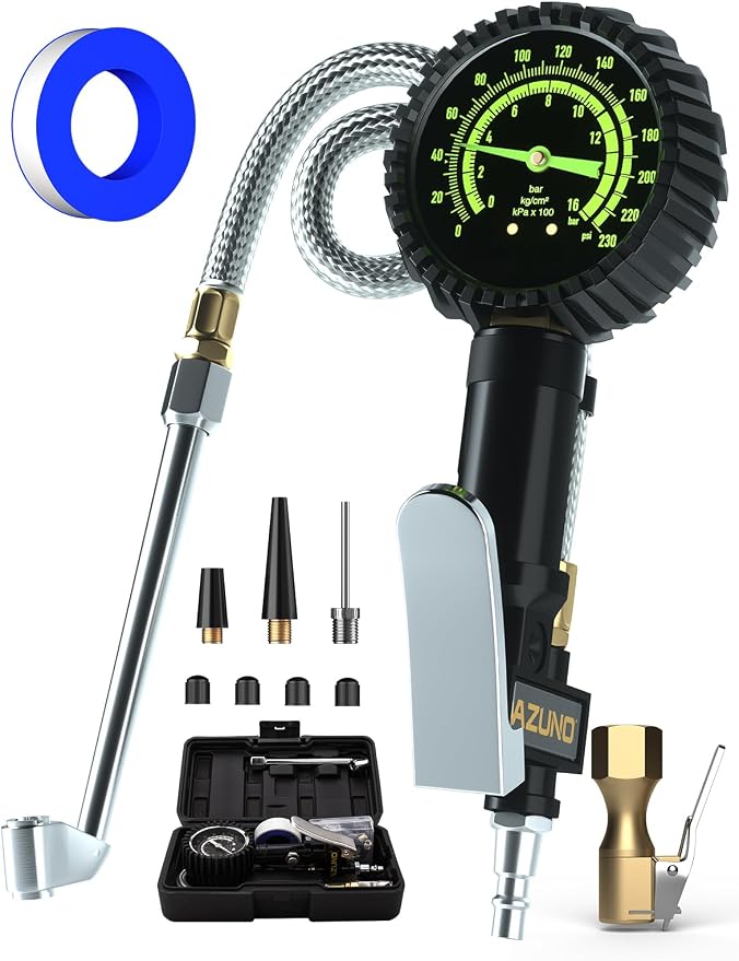 Heavy Duty Tire Pressure Gauge, Tire Inflator Gauge 230PSI Air Chuck Air Compressor Attachments, with Steel Braided Hose, Large 2.6" Glow Dial & Quick Connect Coupler, for Truck/Car/SUV/RV/Bike