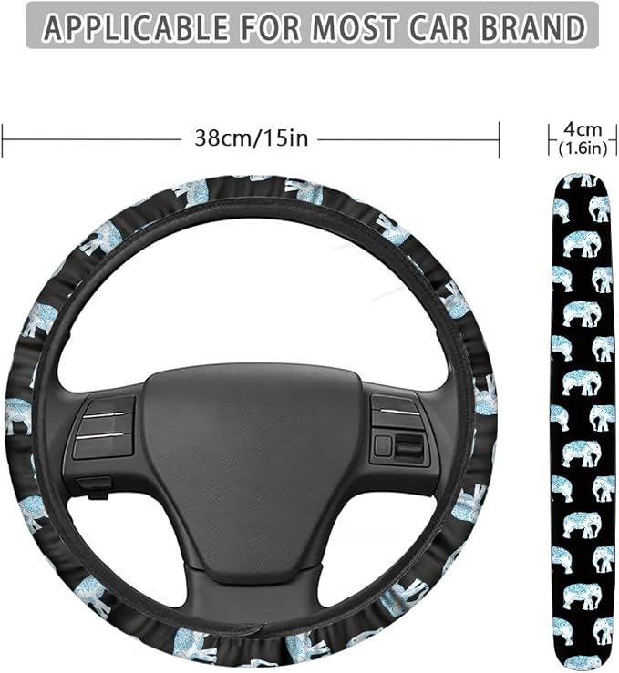 Elegant Elephant Style Automotive Steering Wheel Covers Neoprene Comfortable Keep Warm Odorless Stretch-on Fabric Breathable Universal 14 to 15 inch Navy Blue for Women Mens