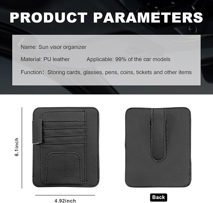 Small Leather Car Sun Visor Organizer, Multifunctional Auto Visor Document Holder with Sunglasses Clip, Universal Car Interior Organizer for Drving License, Card, Pen (Black)