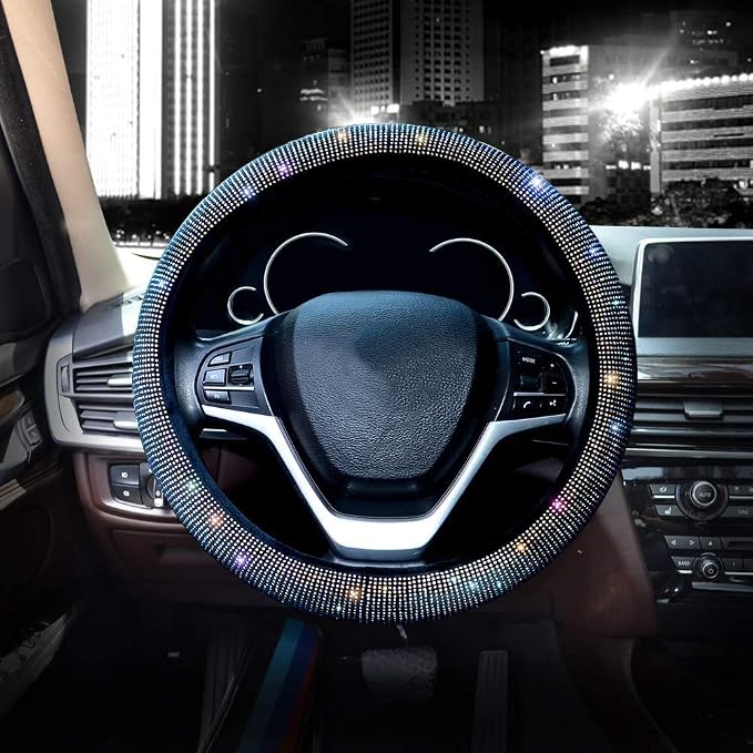 Steering Wheel Cover for Women Men Bling Bling Crystal Diamond Sparkling Car SUV Wheel Protector Universal Fit 15 Inch (Black with Colorful Diamond,Standard Size(14" 1/2-15" 1/4))