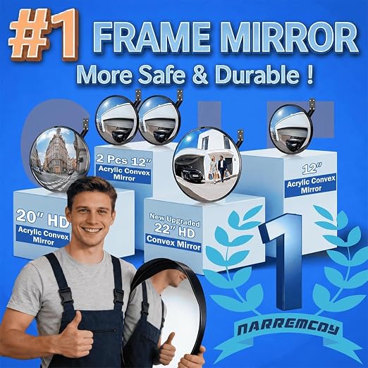 2 Pcs 12” Acrylic Convex Mirror - Adjustable Wide Angle View Security Traffic Mirror Indoor Outdoor, Wall Mounting Corner Blind Spot for Garage Warehouse, School, Store Safety and Office
