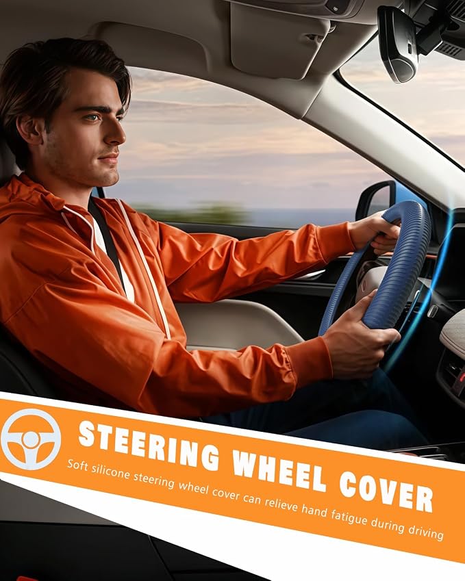Car Steering Wheel Cover, Thin Anti-Skid Silicone Steering Wheel Cover for Men & Women, Universal Automotive Interior Accessories for Most Cars (Dark Blue)