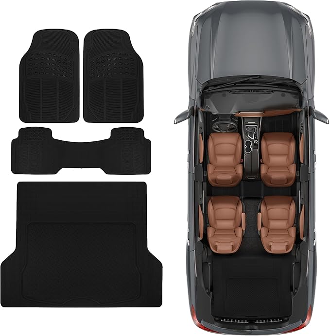 Proliner All Weather Rubber Auto Floor Mats and Trunk Cargo Liner - Front & Rear Heavy Duty Set Fit for Car SUV Van and Truck, Black, 4 Pieces (Trim to Fit)