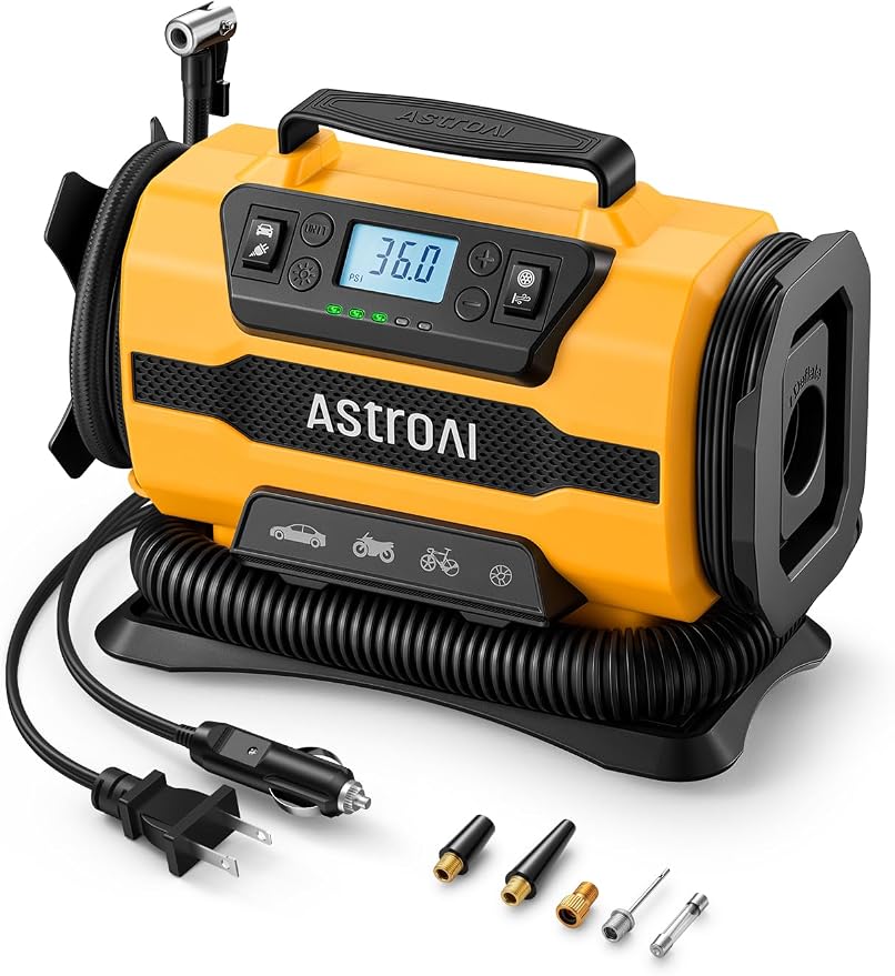 Tire Inflator Portable Air Compressor, 150PSI 12V DC/110V AC Air Pump with Dual Metal Motors & LED Light, Two Modes for Car Tires, Bikes, Air Mattresses & Home Use, Compact Design, Yellow