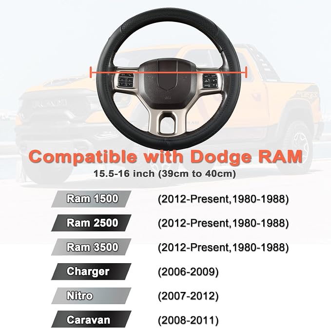 Customized Auto Car Steering Wheel Cover for Dodge RAM 1500 2500 3500, 15.5-16 inch (Black-Large Size)