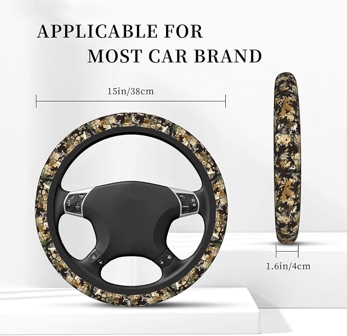 Forest Camo Neoprene Steering Wheel Cover Anti-Slip Elastic Comouflage Tree Hunting Steering Wheel Protective Cover 15in Universal Car Accessories Fit Cars, SUVs, Auto