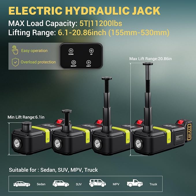 Cordless Electric Hydraulic Car Jack Kit 5 ton with Lithium Battery Includes Cordless Impact Wrench Rechargeable Touchscreen Jack All-in-One Portable Tool kit for Efficient Car Maintenance