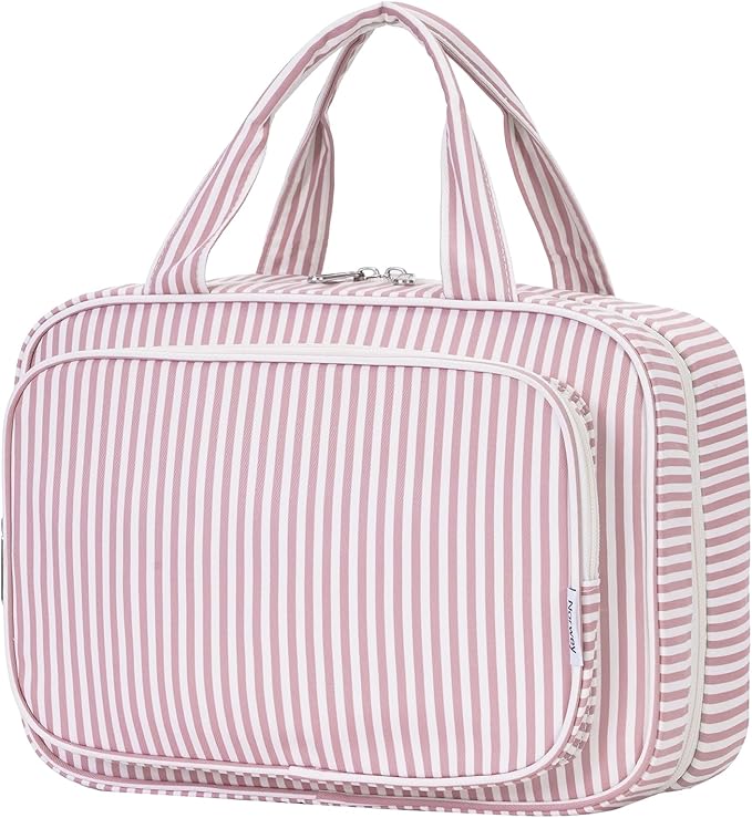 Striped Travel Toiletry Bag for Women Large Hanging Makeup Bag Organizer Toiletries Bag for Full Size Essentials Accessories Cosmetics (Dusty Pink Stripe (Large))