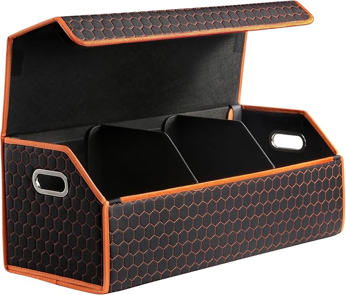 Car Trunk Organizer for SUV and Sedan, Orange-Honeycomb, 29.5 in | Honeycomb Textured Exterior, Extra‑Large, Premium Leather, Magnetic Lid, Collapsible & Adjustable, Water‑Resist & Dust‑Proof