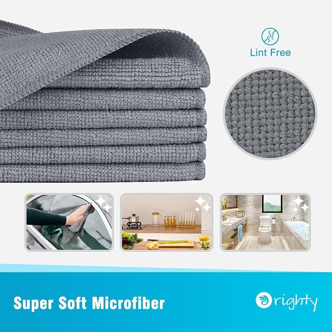 Orighty Microfiber Cleaning Cloth, 12 Pack Microfiber Towels for Cars, Highly Absorbent Car Cleaning Supplies, Lint Free Cloths Clean Rags for Car Care, House, Kitchen, 12x11 inch, Grey