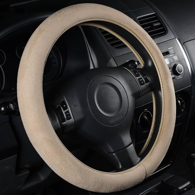 Car Steering Wheel Cover,14.5-15 Inch Beige Faux Suede Universal Memory Foam Auto Steering Wheel Covers Breathable Anti-Slip Odorless Steering Wheels Accessories for Men Women