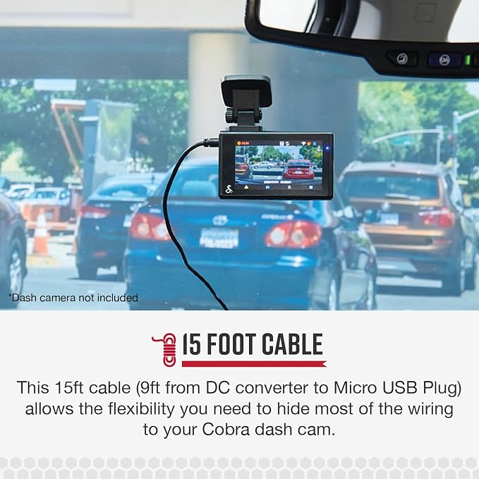 Cobra 2.5A Micro USB Hardwire Kit for SC Series Dash Cams - 15ft Cable, Enables Parking Mode and Motion Detection Features (Select Models)