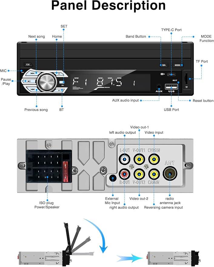 Single-Din-Touchscreen-Radio,Carplay&Android Auto,Car Stereo Backup Camera | Bluetooth/FM/RDS Radio/Type-C/USB/SD/MP4/MP5 Player