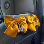 2 PCS Bow Pearl Car Seat Headrest Hook – Cute Purse Hook for Car, Girly Interior Decoration Accessories Hook Hanger, Seatback Holder for Purses & Bags, Elegant Car Organizer (Golden)