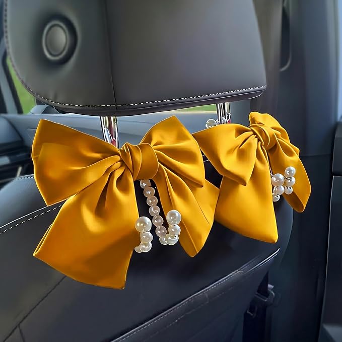 2 PCS Bow Pearl Car Seat Headrest Hook – Cute Purse Hook for Car, Girly Interior Decoration Accessories Hook Hanger, Seatback Holder for Purses & Bags, Elegant Car Organizer (Golden)