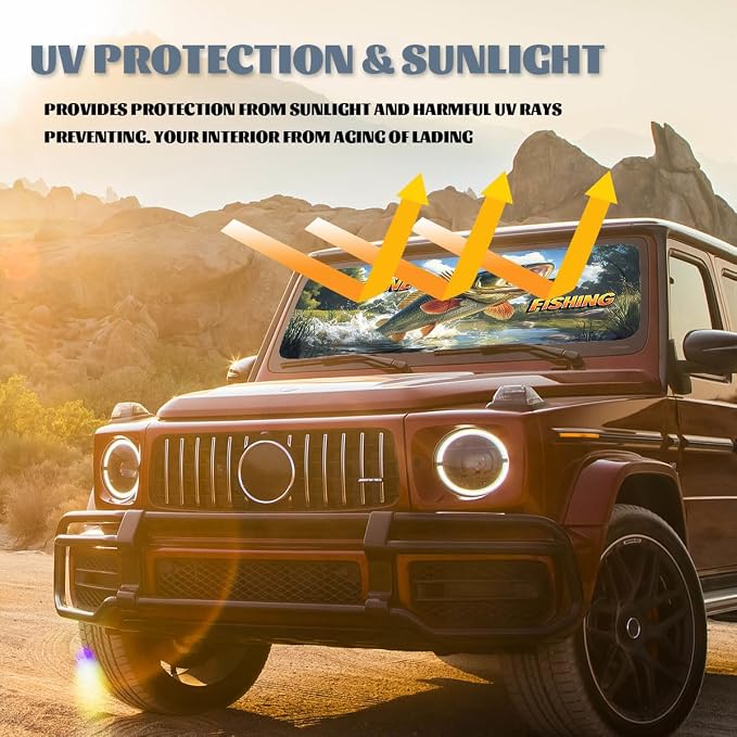 Bass Fishing Car Windshield Sunshades Gone Fishing Angler Outdoor Nature Front Window Sun Shade Blocks UV Rays Sun Visor Protector for Car Sedan Truck SUV Accessories 59" L x 31.5" W