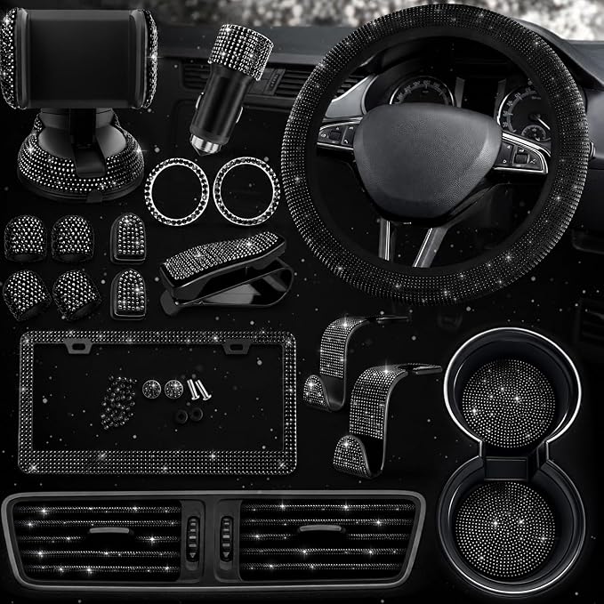 Black Bling Car Accessories Set - 27 Pieces Car Interior Kit with Rhinestone Steering Wheel Cover, Diamond License Plate Frame, Phone Holder, Coaster & Hook, Great Gift for Drivers