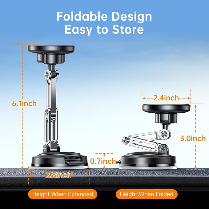 for MagSafe Car Mount [3-Axis Adjustable], Vacuum Magnetic Phone Holder with Replaceable Suction Cup Dashboard/Windshield, 360° Rotation & Foldable, for iPhone 17-12 Pro Max Plus