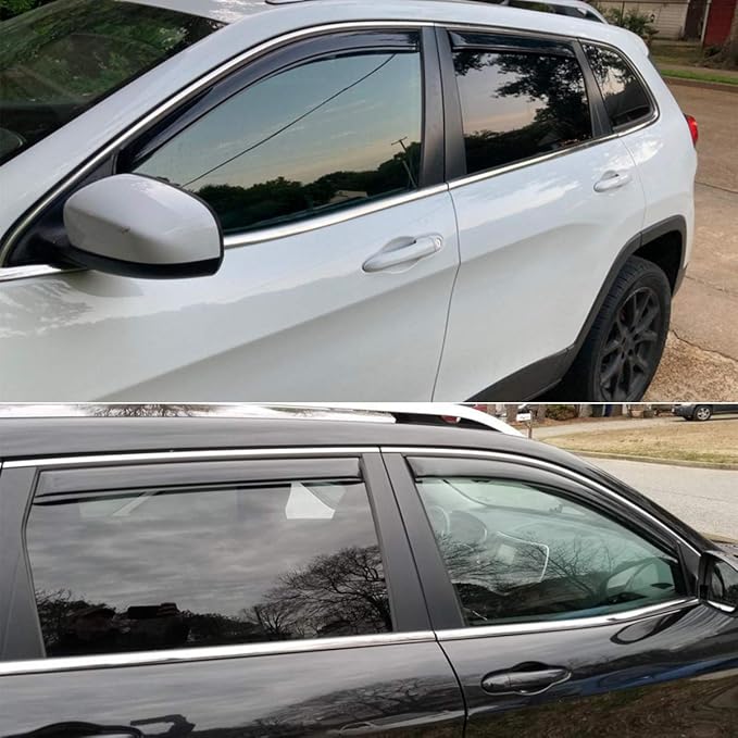 Extra Durable Clip-on in-Channel Auto Vent Window Visor, Fits 2014-2023 Jeep Cherokee, UV Protection Rain Guard, Original Wind Deflector, No-Drill Easy Install, Dark Smoke, 4-Pcs