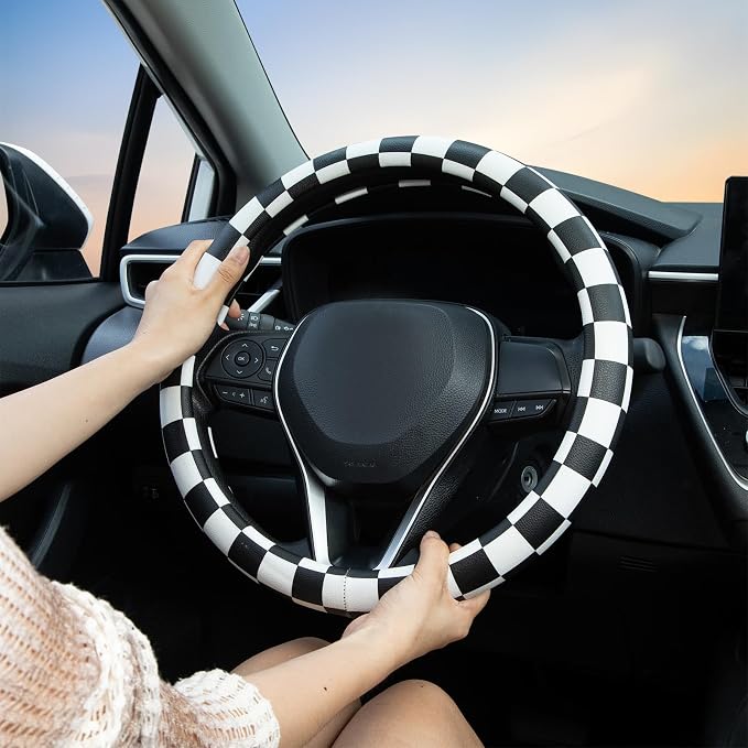 Black and White Race Checkered Steering Wheel Cover Auto Leather Steering Wheel Protector, Anti-Slip, Breathable, Absorbing Sweat, Universal Car Accessories 14.5–15 inch,Fit for Most Car, Trucks, SUV