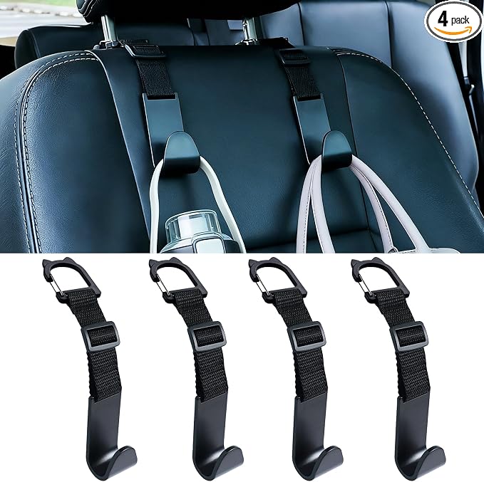 Adjustable 4-Pack Car Headrest Hooks Cute Cat Pattern Universal Seat Back Organizer with Clip for Purses Bags Groceries Black