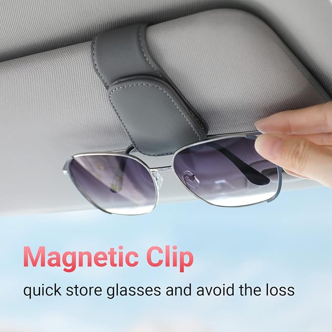 Sunglass Holder for Car Visor Sunglasses Clip Magnetic Leather Glasses Eyeglass Holder Interior Car Accessories for Woman Man - 2 Packs Gray