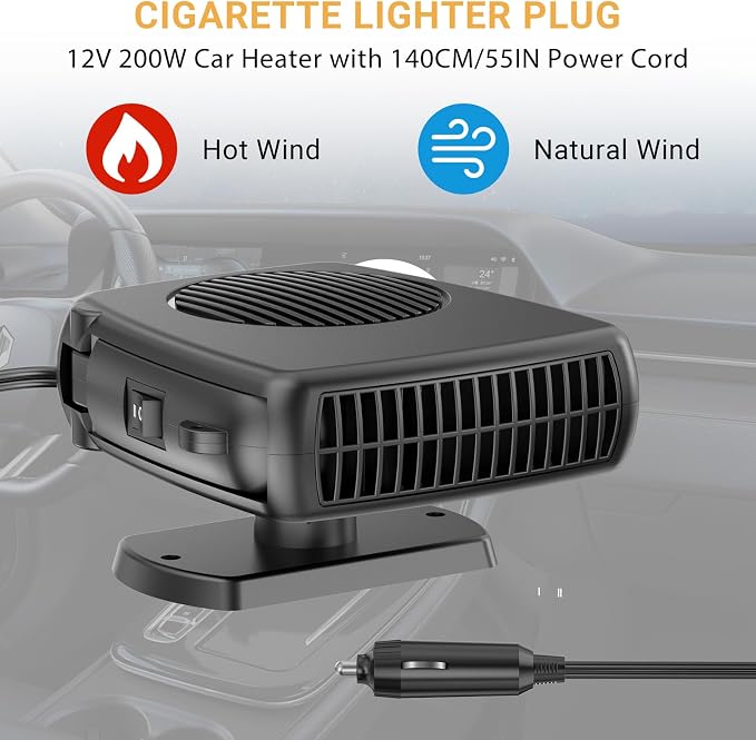 12V Car Heater, 200W Portable Windshield Defroster with Heating/Cooling Fan and Plug in Cigarette Lighter Fast Heating Defrost Defogger with Ergonomic Handheld Design for All Kinds of Cars (Black)
