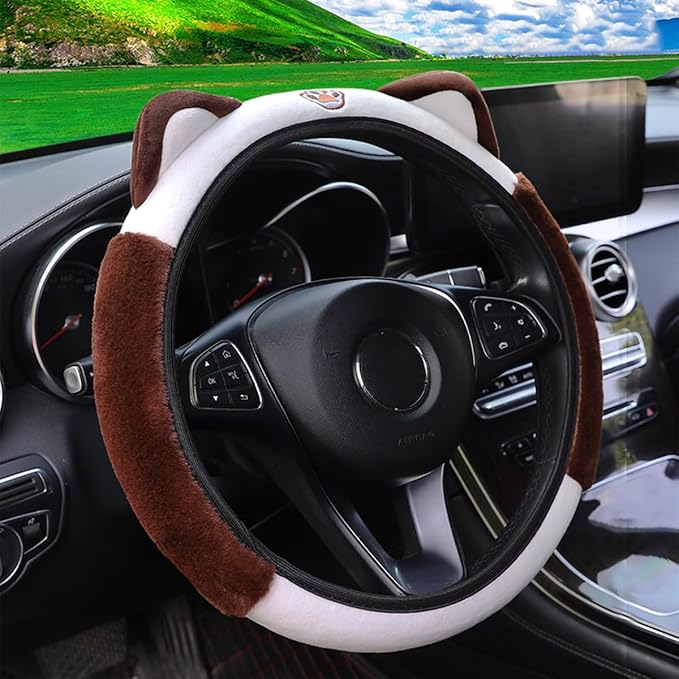 Car Steering Wheel Cover, Fluffy Soft Plush for Winter Warm, Cute Steering Wheel Protector with Kitty Cat Ears, Universal 15 Inch, Elastic & Anti-Slip, Lovely Decor Car Accessories (Coffee)