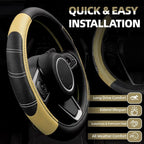 6 Pcs Beige Car Accessories Set, Sport Leather Steering Wheel Cover 14.5-15inch Universal, Microfiber Leather Car Center Console Cover, Seat Belt Cushion, Cup Holder Coaster (Black-Beige)
