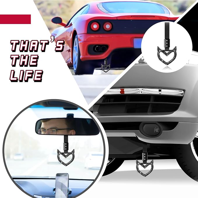 Bling Car Accessories Bling Heart Handle Ring Car Accessory for Women Heart Hand Strap Drift Charm Rear Bumper Warning Ring Decor for auto Bus Interior Exterior Decoration (Black,Devil Style)