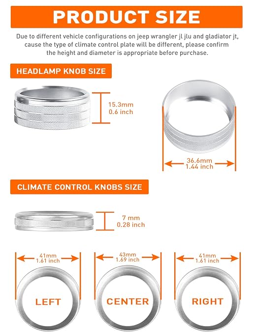 Climate Control Panel Knob Trim Kit & Light Control Switch Cover, Air Conditioner Knob Aluminum Alloy Ring for 2018-2024 Jeep Wrangler JL JLU & Gladiator JT, Interior Accessories, Silver