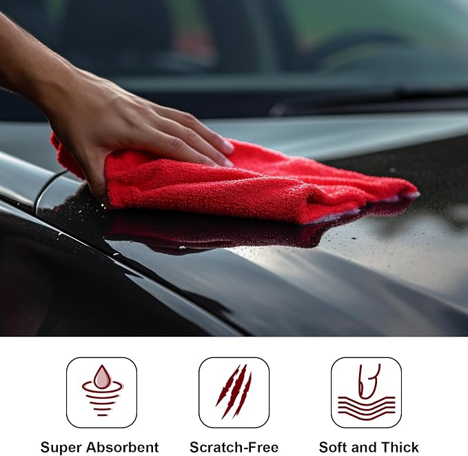 30 Pcs 16 x 16 Inch Edgeless Microfiber Plush Towels for Cars Detailing Drying Wash Polishing Absorbent Cleaning Cloths, 500 GSM (Red)
