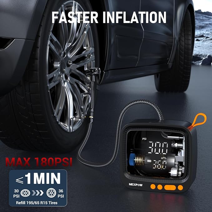 Tire Inflator Portable Air Compressor, 180 PSI Cordless Air Pump for Car Tires with Digital Pressure Gauge & Auto Shut-Off, Air Compressor Portable for Car, Motorcycle, Bicycle, Ball, Orange