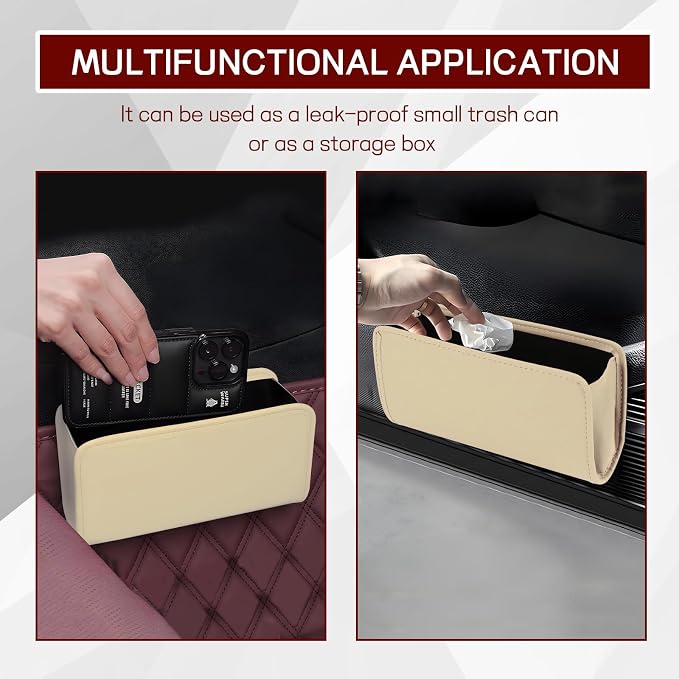 Car Trash Can, Leather Waterproof Automotive Garbage Can with Trash Bag, Hanging Mini Vehicle Trash Bin, Small Auto Door Organizer Storage Pouch, Universal Car Accessories (Beige)