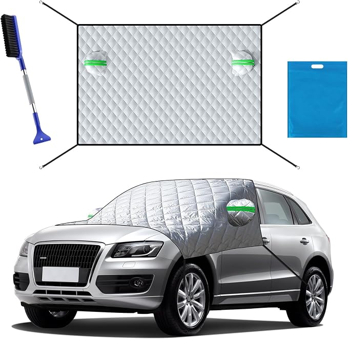 Car Windshield Snow Cover with Side Mirror Cover & 2 in 1 Brush | Thickened 4 Layers, Cold Protection, Ice Scraper, For Most Cars SUVs Trucks