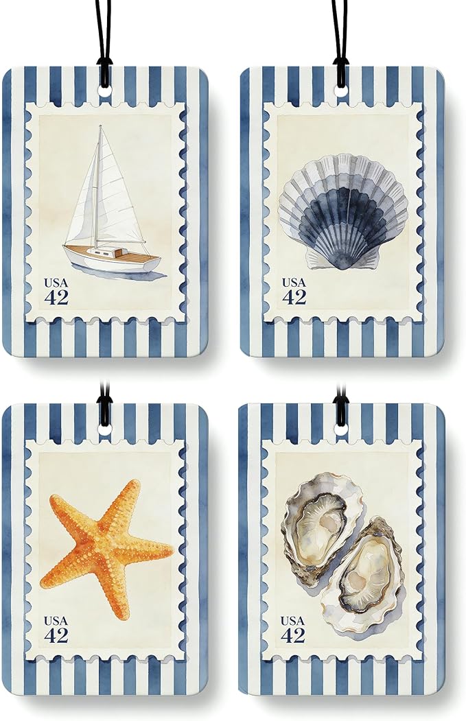 Navy Blue Beach Car Air Freshener 4 Pcs Coconut Scented, Coastal Seashell Seastar Oyster Car Accessories Mirror Decor for Women, Nautical Hanging Air Freshener for Cars Closet Drawer Books
