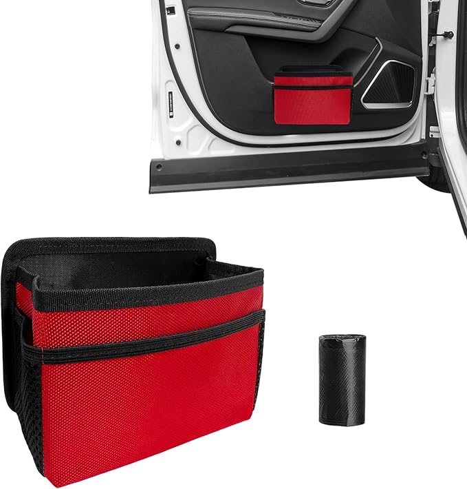 Car Trash Can, Foldable Multi-Pocket Design Auto Hanging Storage Container with Garbage Bags, Multifunctional Mini Oxford Storage Bag Garbage Holder for Cars SUVs Trucks (Red)