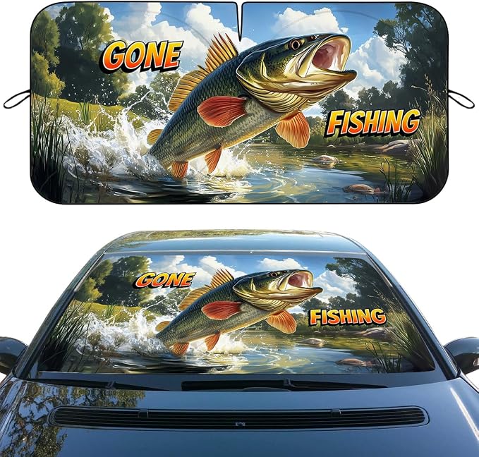 Bass Fishing Car Windshield Sunshades Gone Fishing Angler Outdoor Nature Front Window Sun Shade Blocks UV Rays Sun Visor Protector for Car Sedan Truck SUV Accessories 59" L x 31.5" W