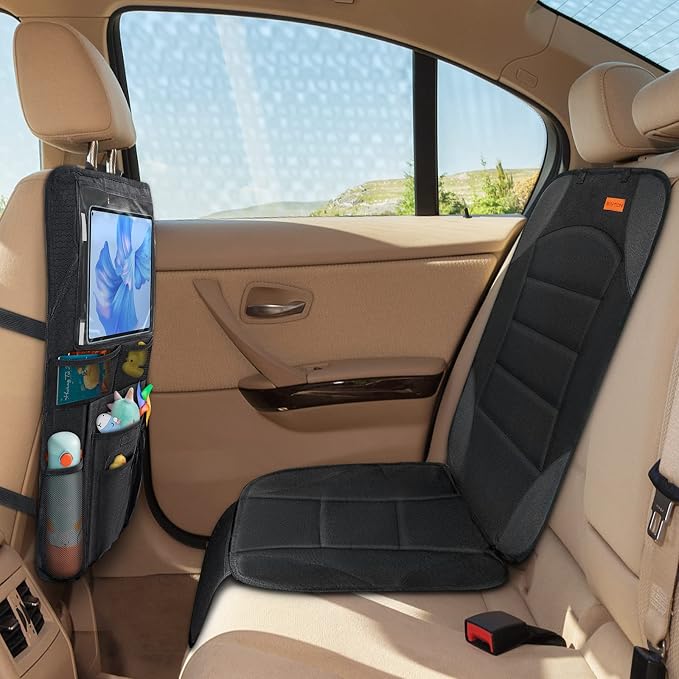 2-in-1 Car Seat Protector & Kick Mat with iPad Holder - Kids Backseat Organizer with Touchscreen Pocket, Storage Pockets & Waterproof Cover for Child Safety and Mess-Free Rides