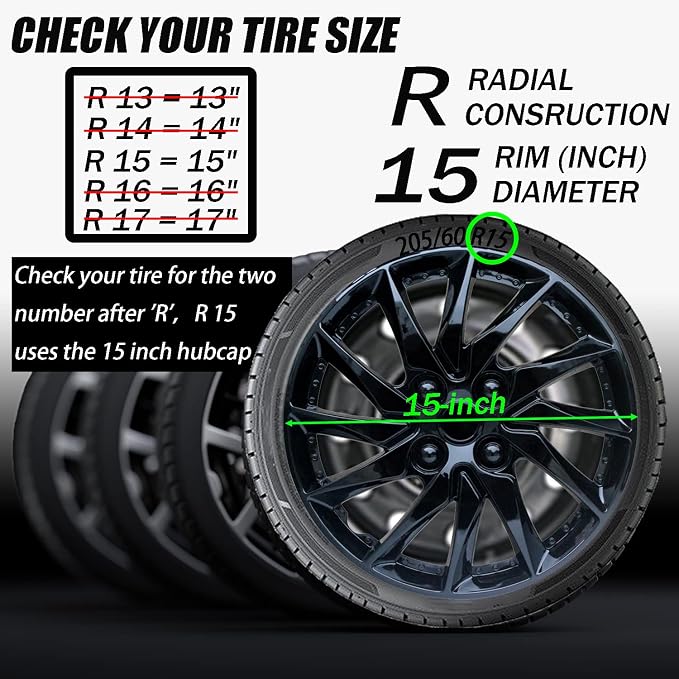 Hubcap Wheel Cover Replacement R15 Hub Caps Universal-Fit Steel Wheel Rim Cover ABS Material Exterior Accessories for Car Truck SUV -Set of 4（15-inch，Black）
