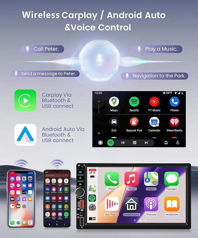 Wireless Carplay Android Auto Double Din Car Radio Stereo, 7 inch IPS Touchscreen Radio, 2 Din Car Radio Bluetooth, SWC, Backup Camera, Mirror Link, FM EQ, Type-C USB Fast Charging, Video Playback