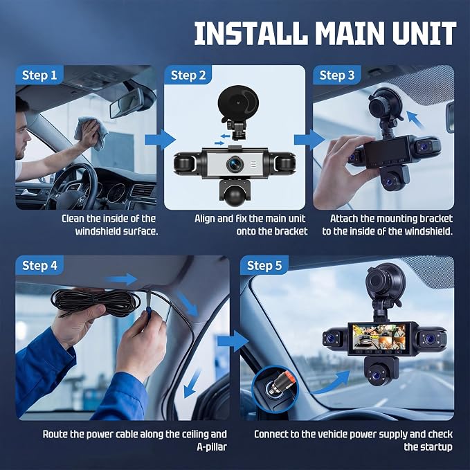 5-Lens Dash Cam for car 360°Wide Angle 3.16 Inch 1080P Dash Camera with Loop Recording Reversing Assistant 24-H Monitoring Easy Installation