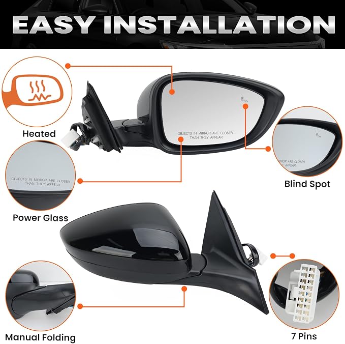 Right Passenger Side Mirror Compatible with 2018-2022 Honda Accord LX Sport Power Glass | Heated | with Blind Spot | Manual Folding Repalces HO1321329 (7Pins-Black)