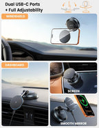 15W for MagSafe Car Mount Charger - Dual USB-C Ports, Magnetic Phone Holder for Car, Magnetic Wireless Car Charger, Vacuum Suction Cup Phone Mount for iPhone 17 Pro Max 16 15 Truck Jeep Black