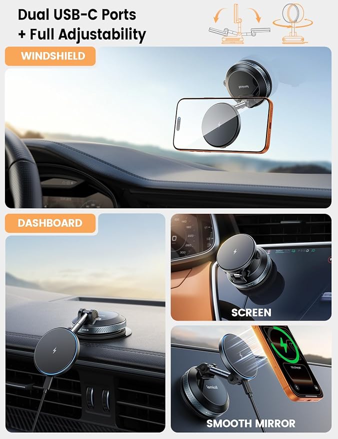 15W for MagSafe Car Mount Charger - Dual USB-C Ports, Magnetic Phone Holder for Car, Magnetic Wireless Car Charger, Vacuum Suction Cup Phone Mount for iPhone 17 Pro Max 16 15 Truck Jeep Black