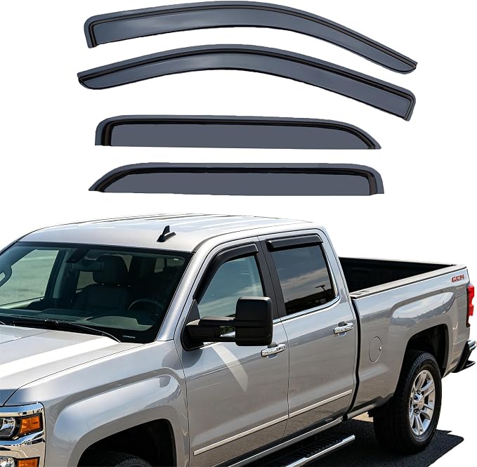 Tape-On Window Visors Rain Guards Compatible with 2014-2018 Chevrolet Silverado GMC Sierra 1500/2500HD/3500HD Double Cab, Durable Smoke Deflectors,Side Window Shades Rain Snow Sun Wind Protection