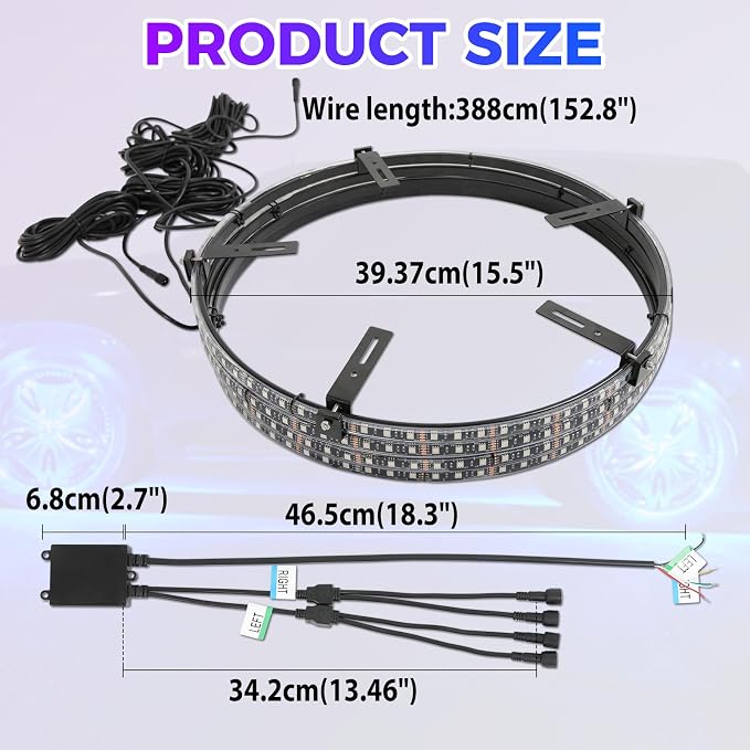 4PCS 15.5inch RGB LED Wheel Rim Lights with Bluetooth and Remote Control,Wheel Ring Light Kits with Turn Signal and Braking Function Tire Lights for Pickup Truck SUV Car (15.5inch)