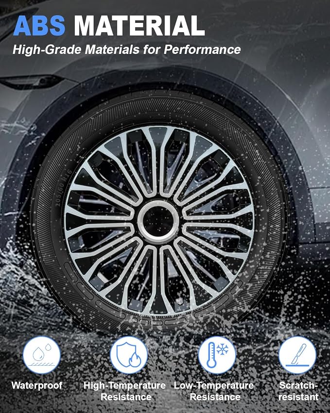 Hubcaps,16 inch hubcaps Set of 4, Wheel Rim Cover ABS Material, Snap On Car Truck SUV Replacement, for Toyota Camry Nissan Mazda etc, Black&Silver