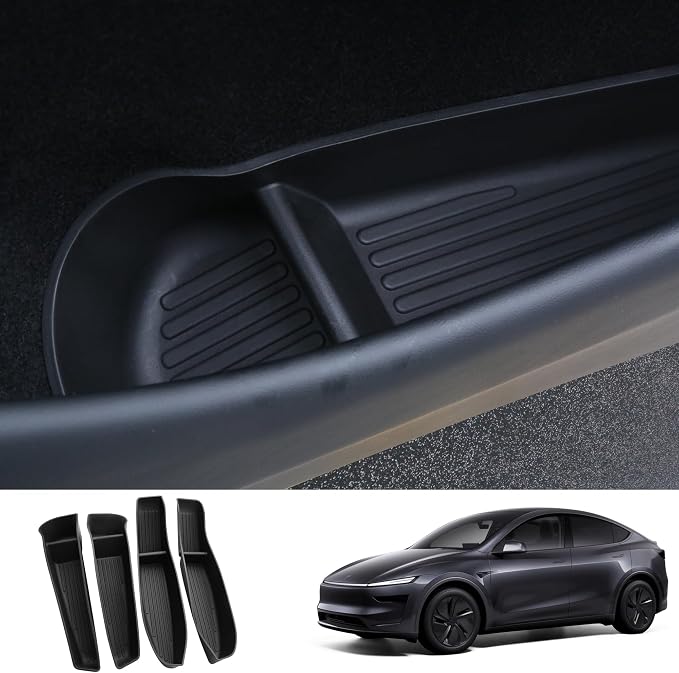 4PCS Car Door Organizer Tray for Tesla Model Y Juniper 2026 2025 Door Side Storage Box for Juniper Accessories Door Pocket Liners TPE Front & Rear Side Organizer Tray Protector Liner